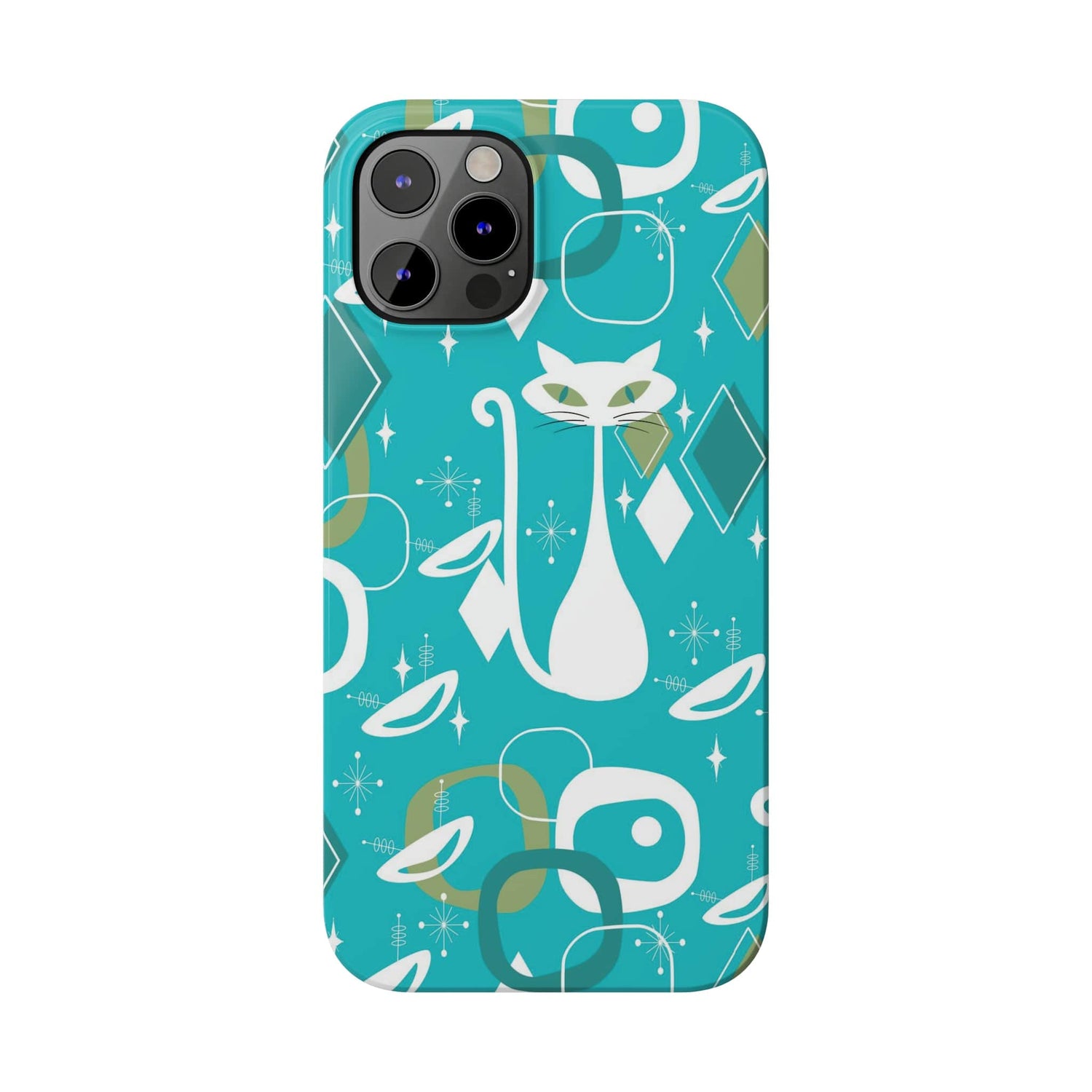 Atomic Cat Space Designs, Mid Century Modern, Aqua, White Kitschy Cat, Smart Phones New iPhone15 Model, Slim Phone Cases Phone Case