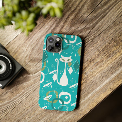 Atomic Cat Space Designs, Mid Century Modern, Aqua, White Kitschy Cat, Smart Phones New iPhone15 Model, Slim Phone Cases Phone Case