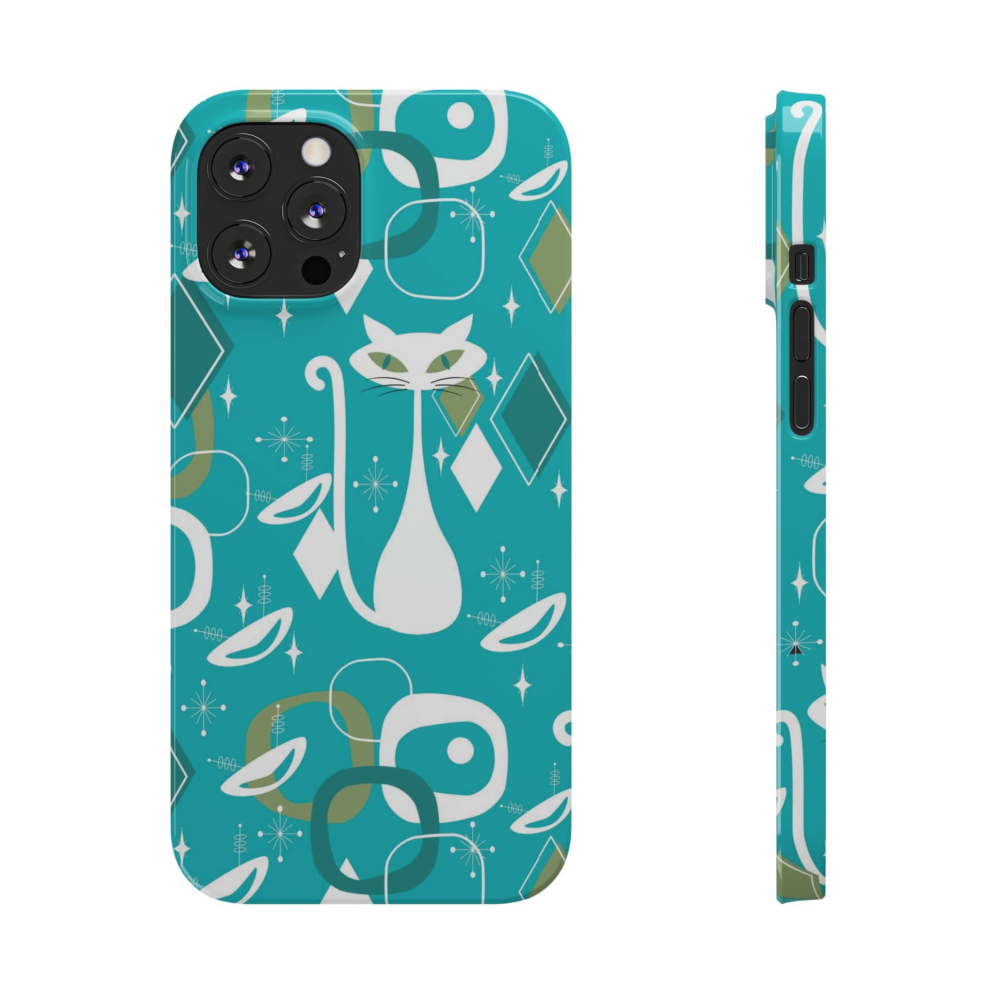 Atomic Cat Space Designs, Mid Century Modern, Aqua, White Kitschy Cat, Smart Phones New iPhone15 Model, Slim Phone Cases Phone Case