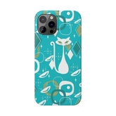 Atomic Cat Space Designs, Mid Century Modern, Aqua, White Kitschy Cat, Smart Phones New iPhone15 Model, Slim Phone Cases Phone Case Mid Century Modern Gal