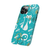 Atomic Cat Space Designs, Mid Century Modern, Aqua, White Kitschy Cat, Smart Phones New iPhone15 Model, Slim Phone Cases Phone Case Mid Century Modern Gal