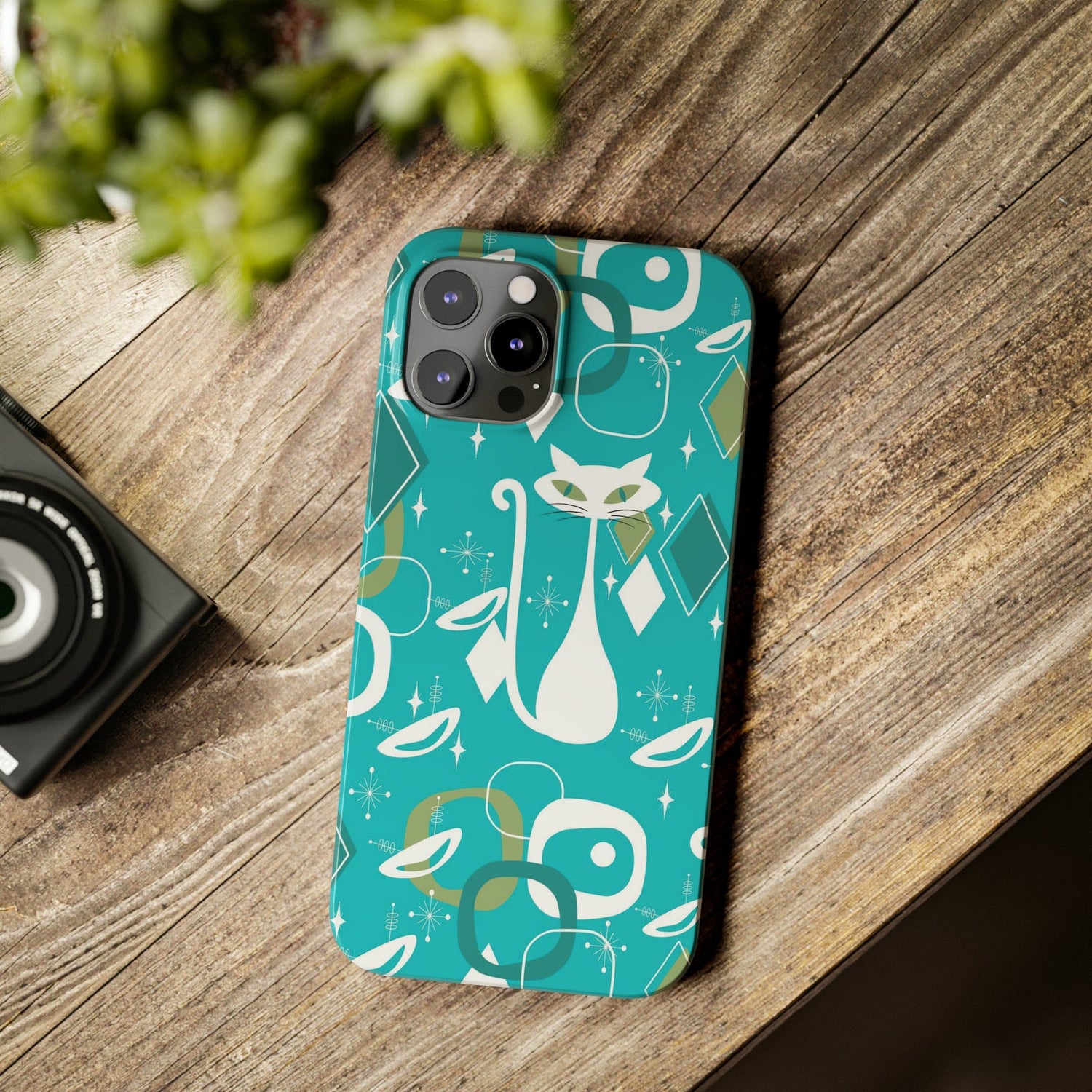 Atomic Cat Space Designs, Mid Century Modern, Aqua, White Kitschy Cat, Smart Phones New iPhone15 Model, Slim Phone Cases Phone Case