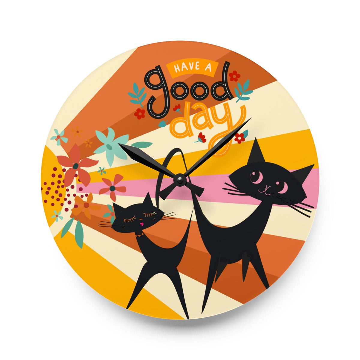 Atomic Cats, Retro Groovy 70's Have A Good Day, Floral, Groovy Acrylic Wall Clock Home Decor