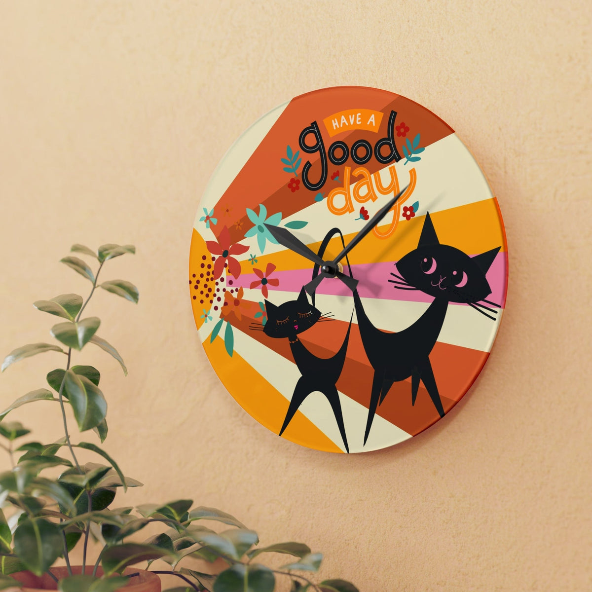 Atomic Cats, Retro Groovy 70's Have A Good Day, Floral, Groovy Acrylic Wall Clock Home Decor