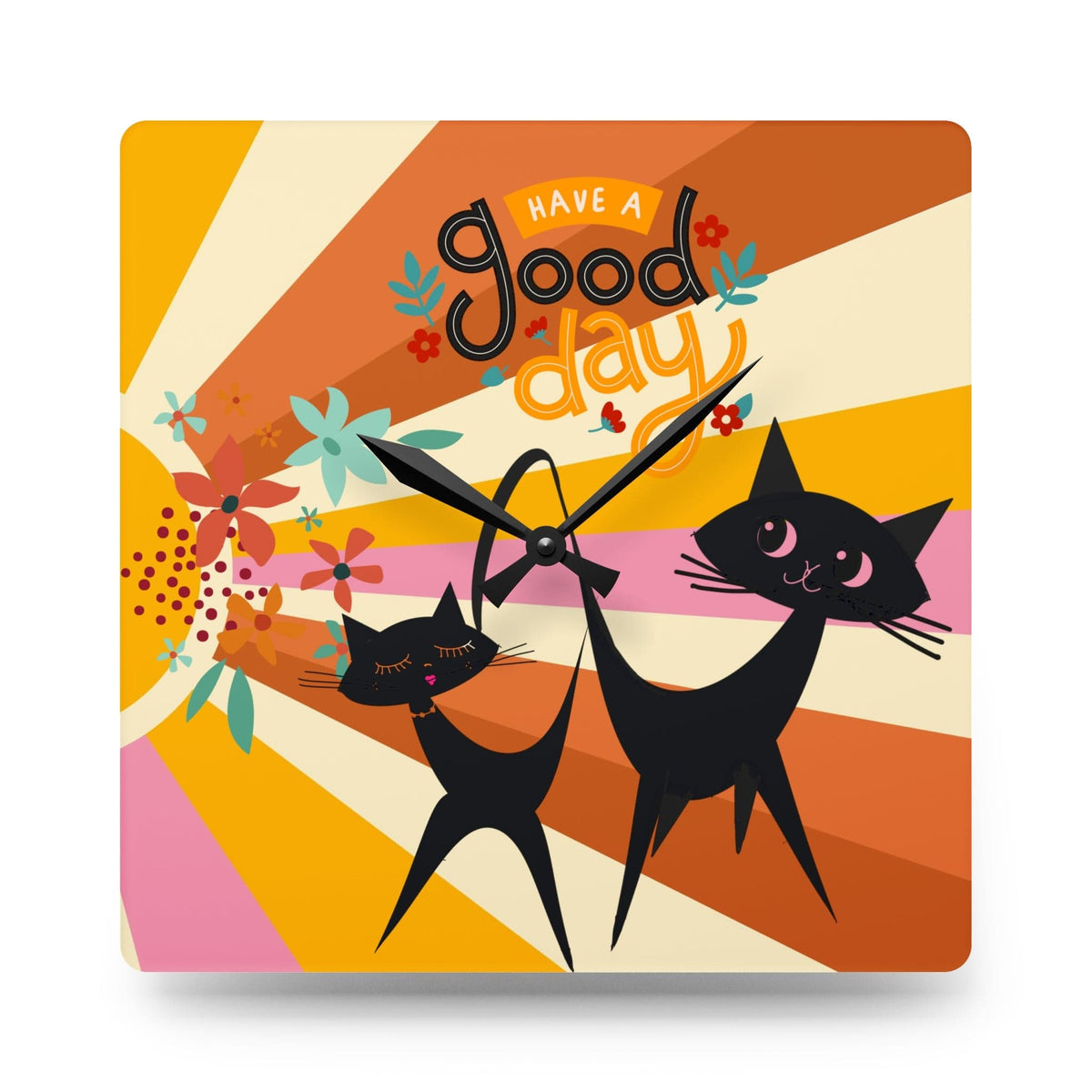 Atomic Cats, Retro Groovy 70's Have A Good Day, Floral, Groovy Acrylic Wall Clock Home Decor
