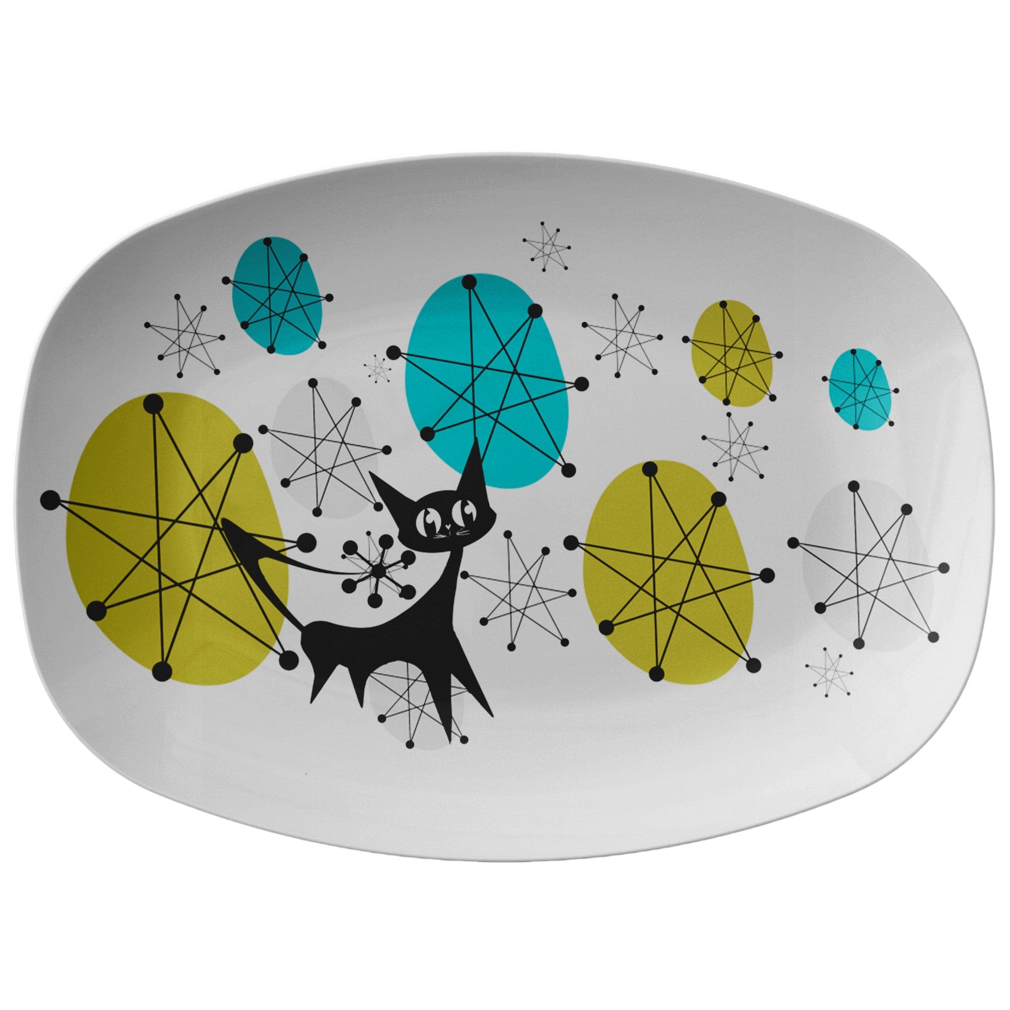 Atomic Fransican Starburst Pattern, Kitschy Cat, Mid Century Modern Dinnerware, Retro Party Platter Kitchenware