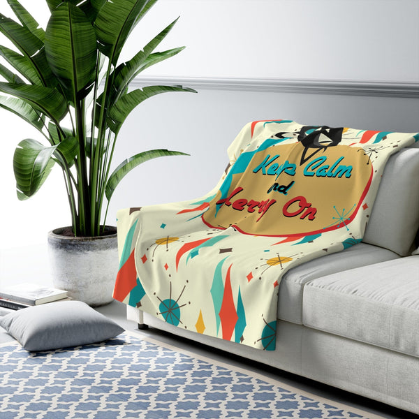Atomic Holiday, Mid Century Modern Franciscan Atomic Cat, Cute Kitsch, Keep Calm And Merry On Sherpa Fleece Blanket