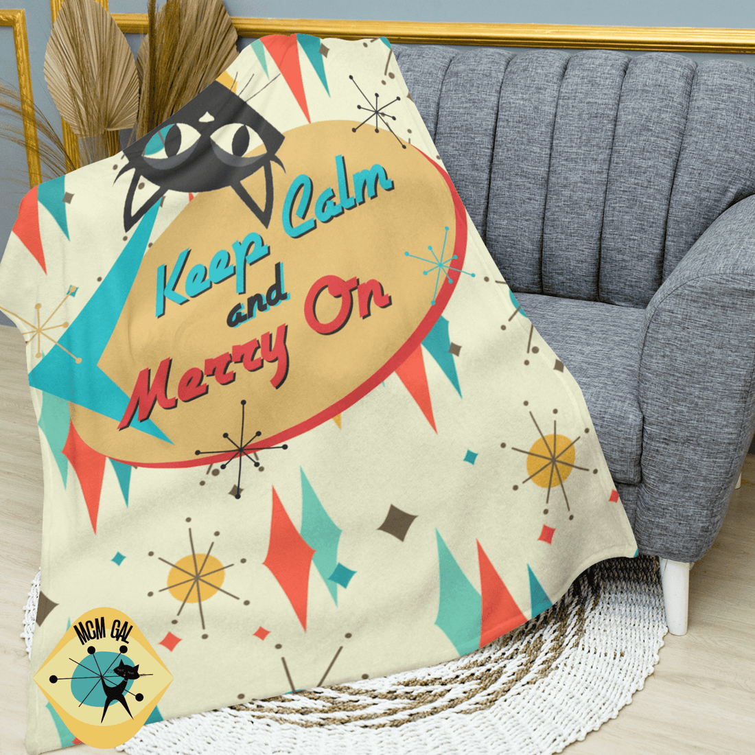Atomic Holiday, Mid Century Modern Franciscan Atomic Cat, Cute Kitsch, Keep Calm And Merry On Sherpa Fleece Blanket Home Decor