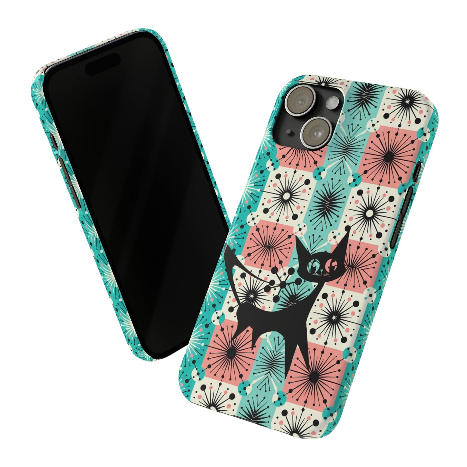 Atomic Kitschy Cat, Mid Century Modern Pink, Aqua Starbursts, iPhone 15 And More Slim Phone Cases Atomic Kitschy Cat, Mid Century Modern Pink, Aqua Starbursts, iPhone 15 And More Slim Phone Cases