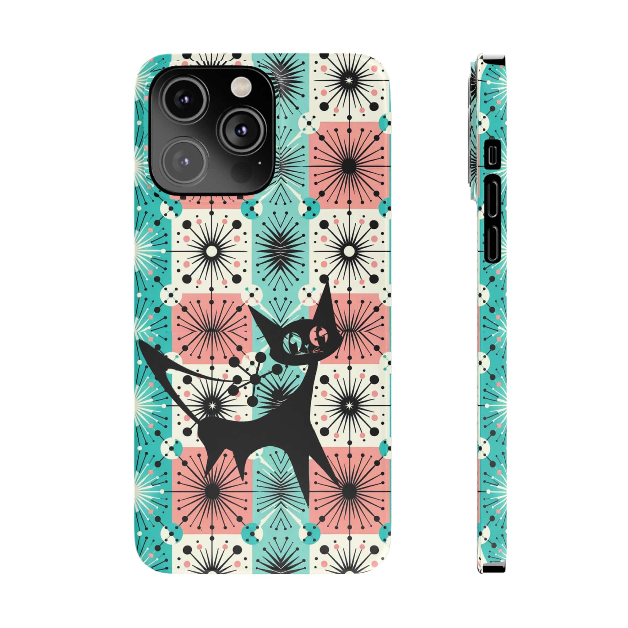 Atomic Kitschy Cat, Mid Century Modern Pink, Aqua Starbursts, iPhone 15 And More Slim Phone Cases Phone Case