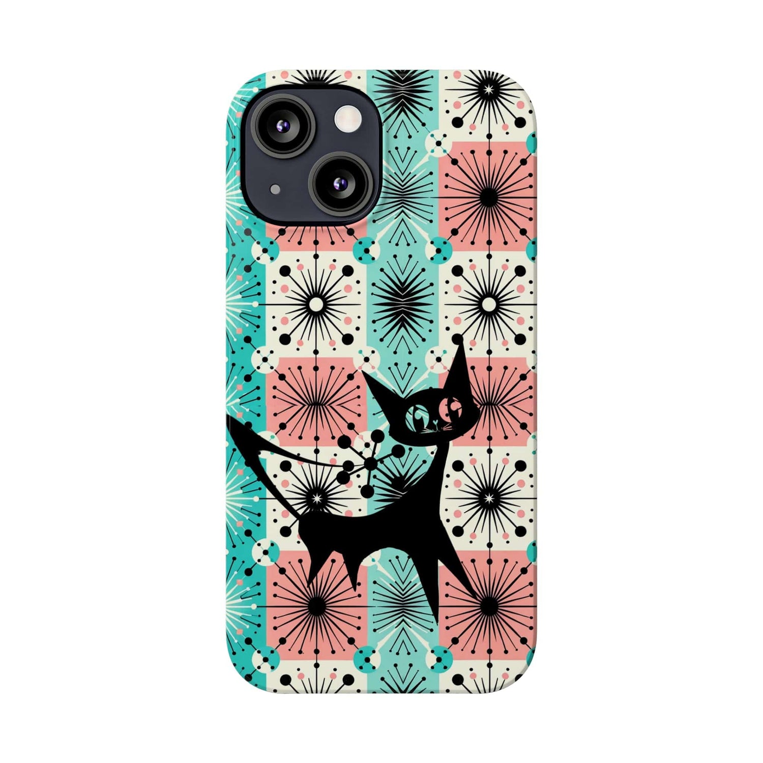 Atomic Kitschy Cat, Mid Century Modern Pink, Aqua Starbursts, iPhone 15 And More Slim Phone Cases Phone Case
