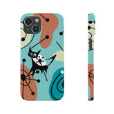 Atomic Kittie, Mid Century Mod Amoeba Aqua Starburst,  New iPhone 15 Slim Phone Cases Phone Case Mid Century Modern Gal