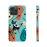 Atomic Kittie, Mid Century Mod Amoeba Aqua Starburst,  New iPhone 15 Slim Phone Cases Phone Case Mid Century Modern Gal