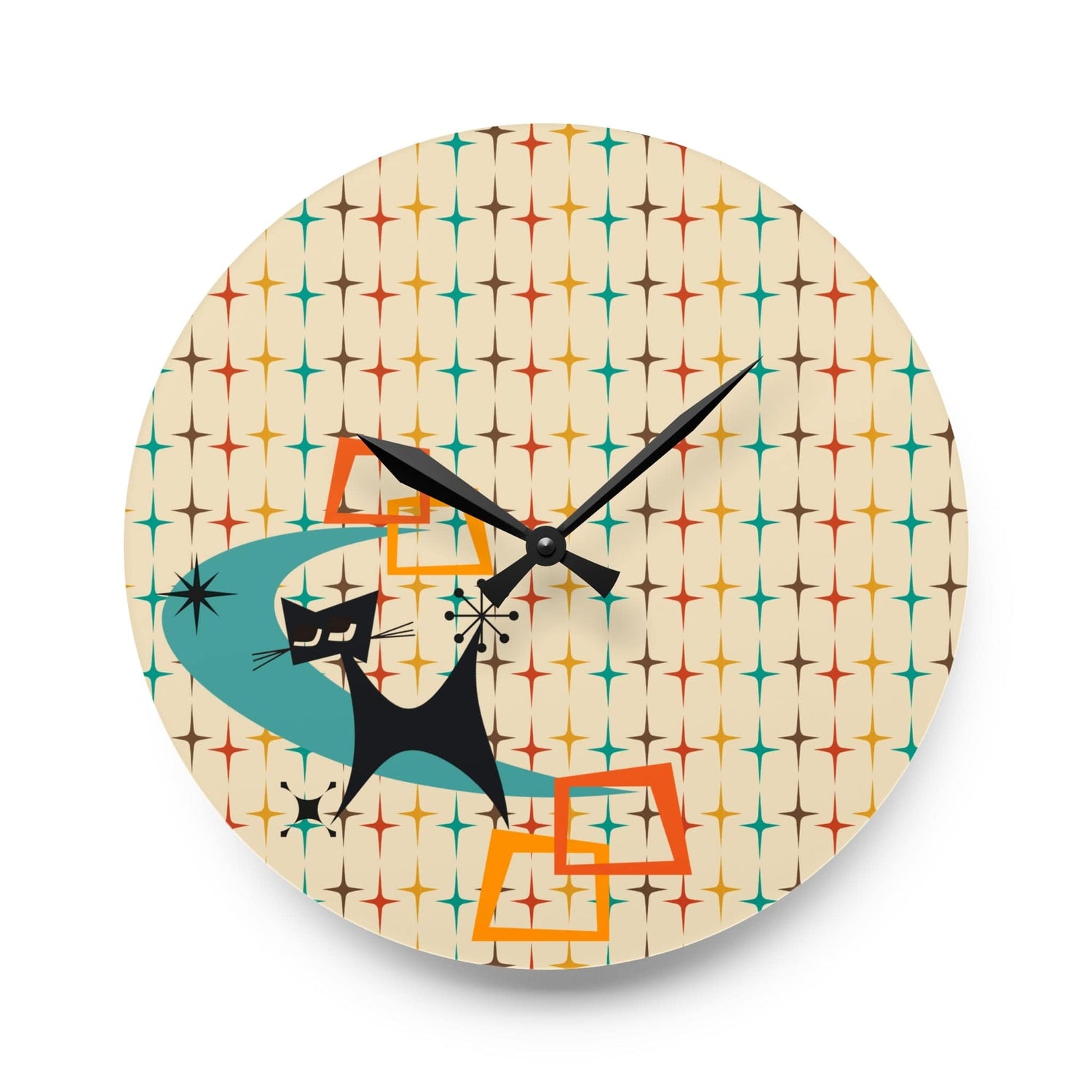 Atomic Space Cat, Retro Designed, MCM Office, Living Room, Bedroom, Kitchen Acrylic Wall Clock Home Decor