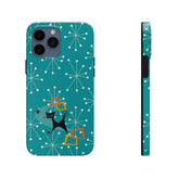 Atomic Space Cat, Starburst Blue, Retro Groovy Smart Phone Tough Phone Cases Phone Case Mid Century Modern Gal