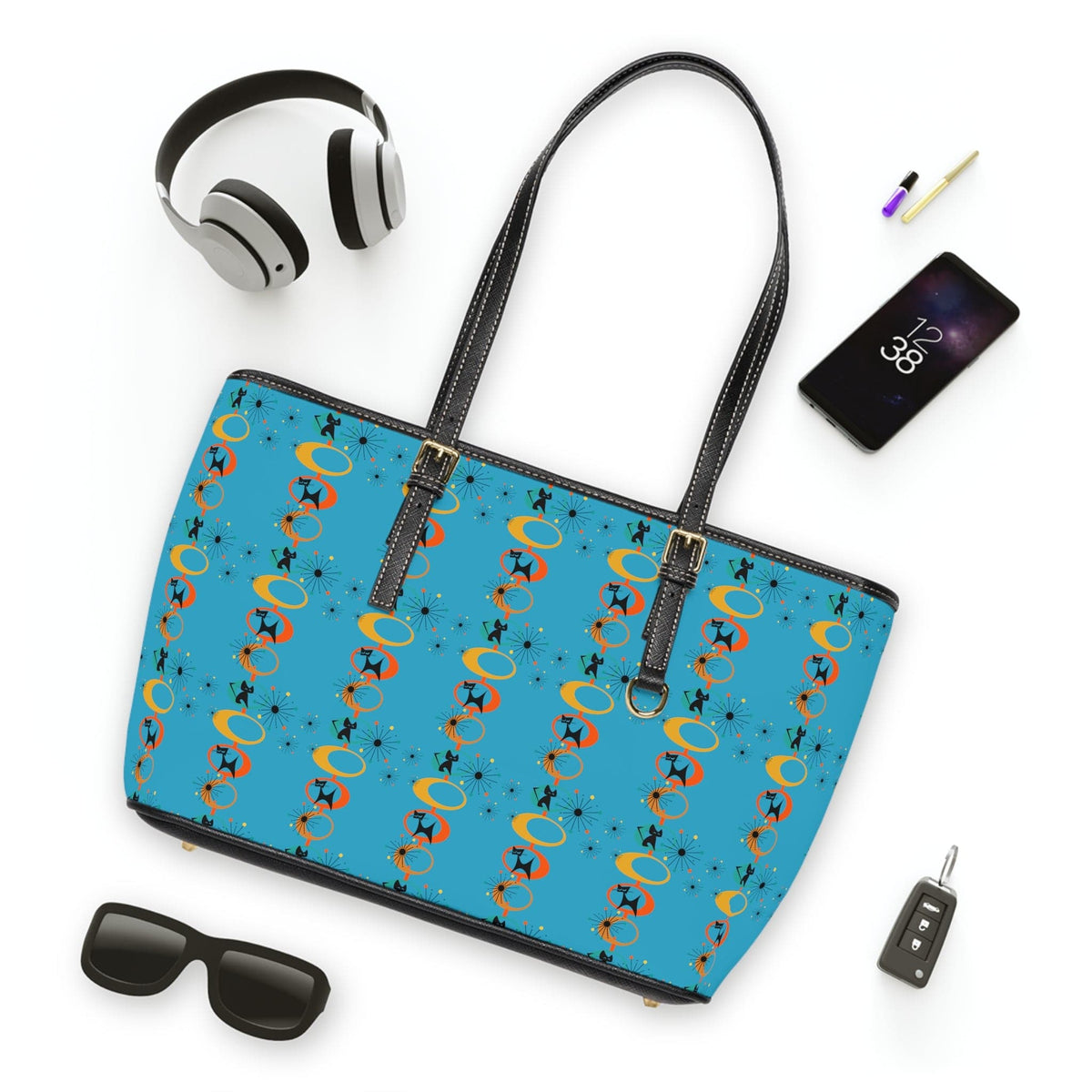 Atomic Space Cat, Turquoise Blue, Mid Mod Retro Shoulder Bag Bags