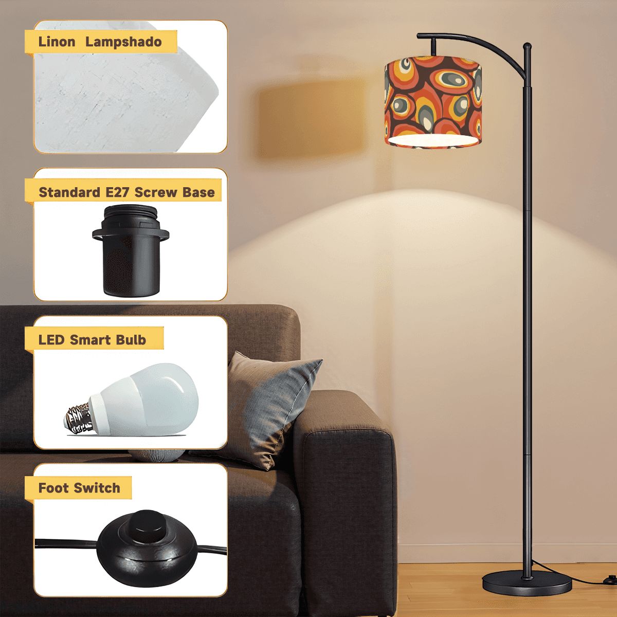 Mid Century Modern Maximalist Retro Brown Golden Yellow Retro Arc Floor Lamp - Mid Century Modern Gal
