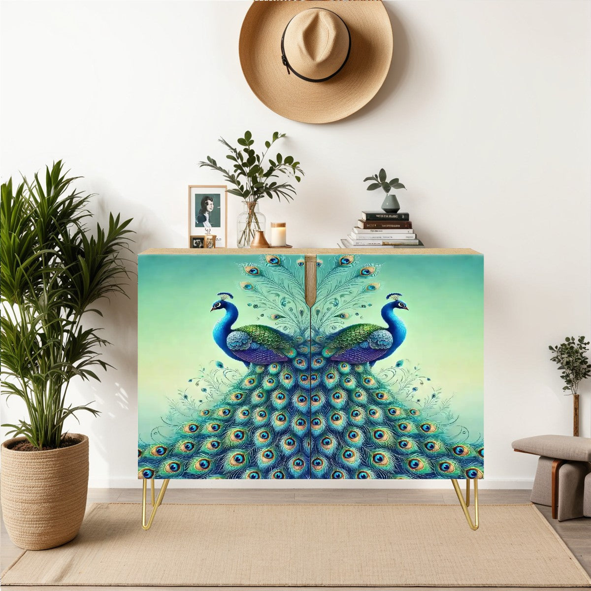 Floral Peacock Watercolor Designed Wooden Storage Cabinet - Mid Century Modern Gal