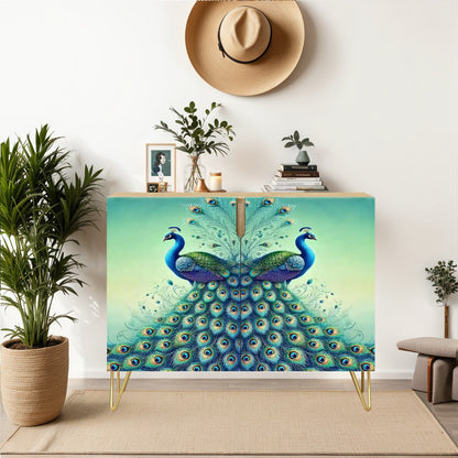 Floral Peacock Watercolor Designed Wooden Storage Cabinet - Mid Century Modern Gal