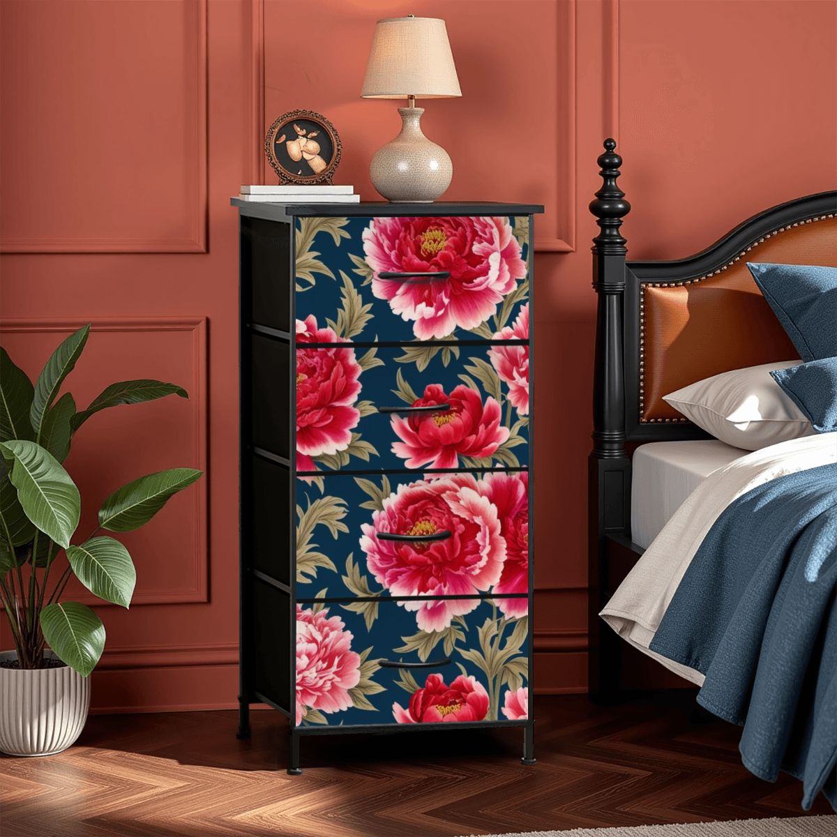 Modern Chinoiserie Royal Blue, Pink Red Floral 4-Drawer Dresser - Mid Century Modern Gal