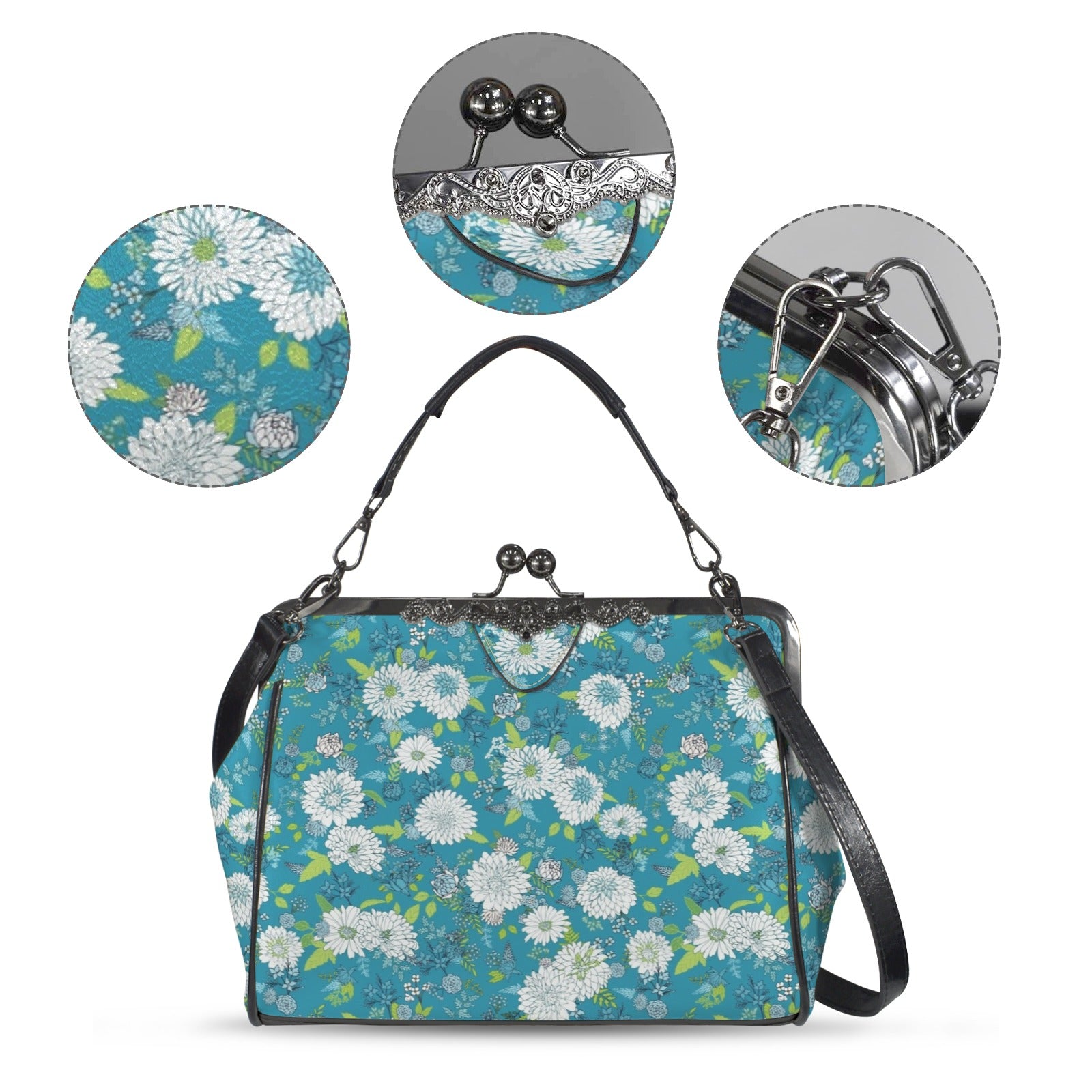 Chinoiserie Floral Teal Green White Elegant Kisslock Crossbody Purse - Mid Century Modern Gal