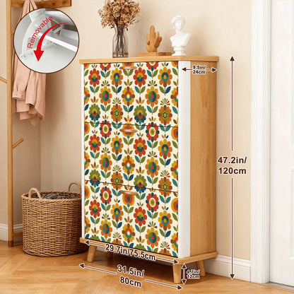 Mid Century Modern Scandinavian Floral Earth Tones Shoe Cabinet