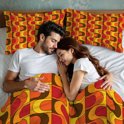Retro 70s Mid Mod Groovy Orange, Brown Yellow, Red, MCM Queen Duvet Cover Set - Mid Century Modern Gal