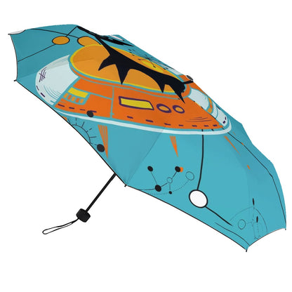 Atomic Space Cat, Quirky Aqua Orange Kitschy Mod UV Protection Umbrella - Mid Century Modern Gal