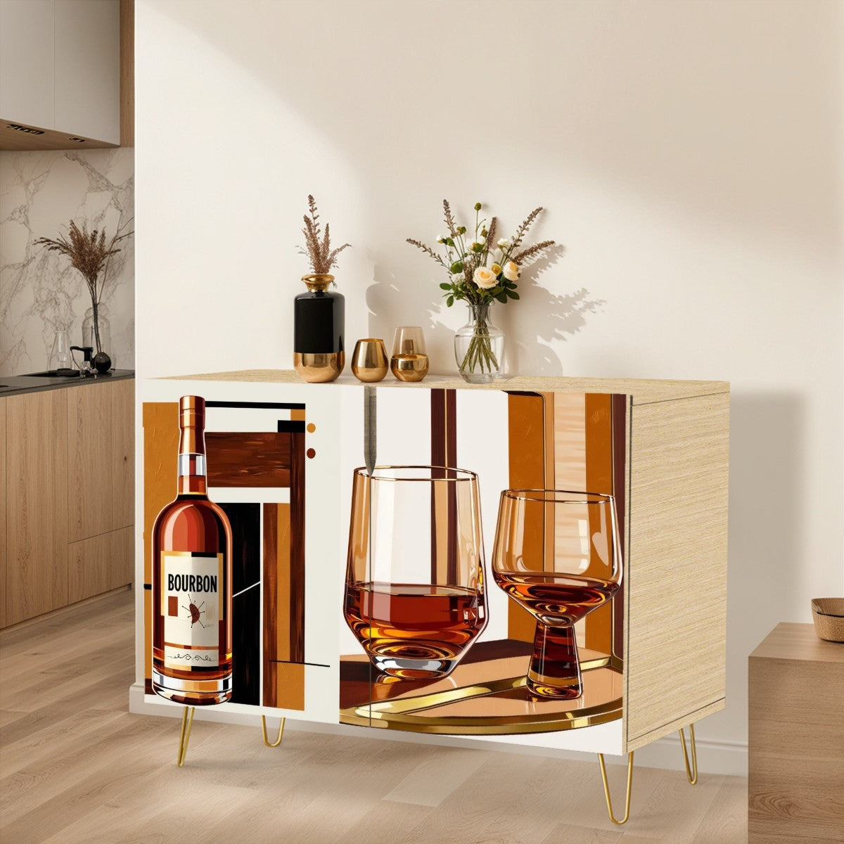 Bourbon Whiskey Cabinet, Mid Century Modern Barware Wooden Storage Cabinet - Mid Century Modern Gal