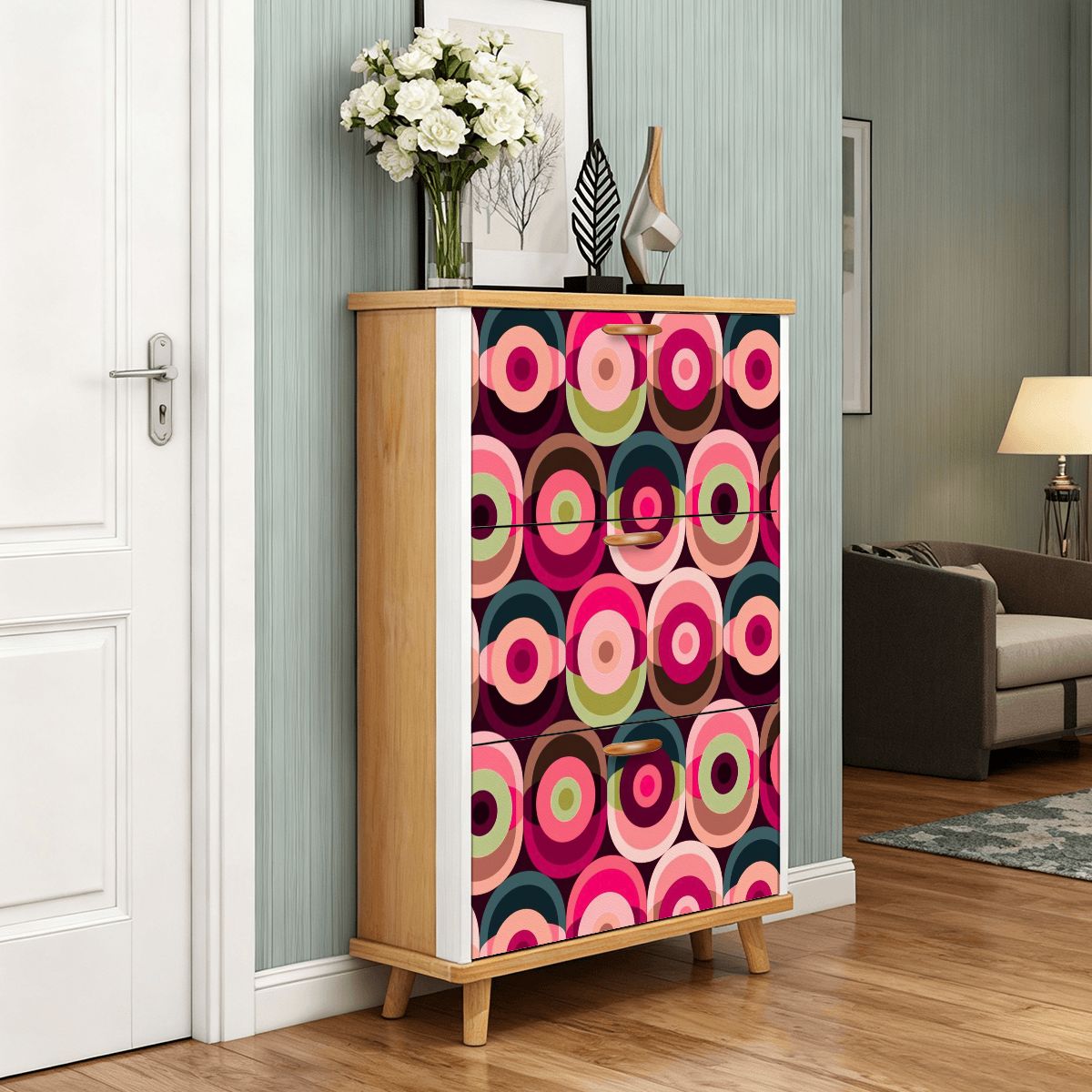 Mid Century Modern Groovy Mod Orbs, Pink, Green, Blue Retro Shoe Storage Cabinet - Mid Century Modern Gal