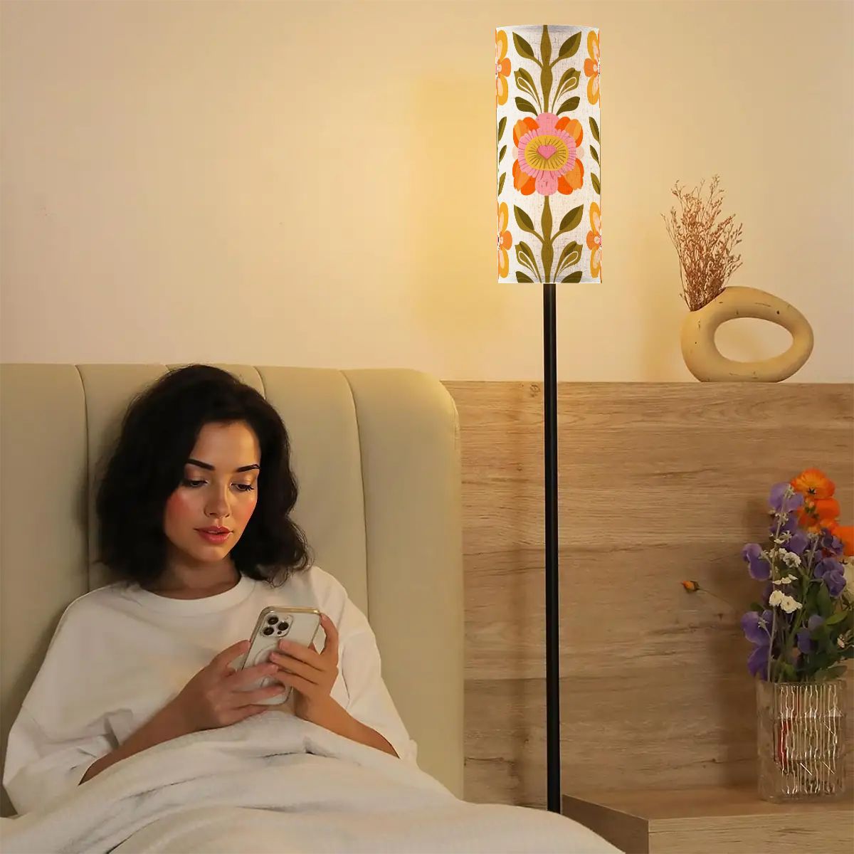 Scandinavian Mid Mod Floral Danish Orange Green Yellow Retro Slim Floor Lamp - Mid Century Modern Gal