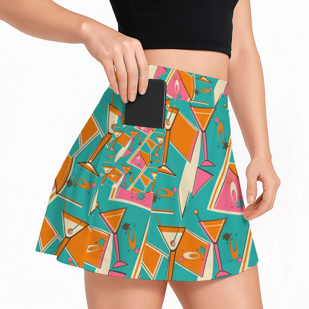 Retro Kitsch Mid Mod Teal Orange Pink Women's Tennis Skort with Pockets - Mid Century Modern Gal