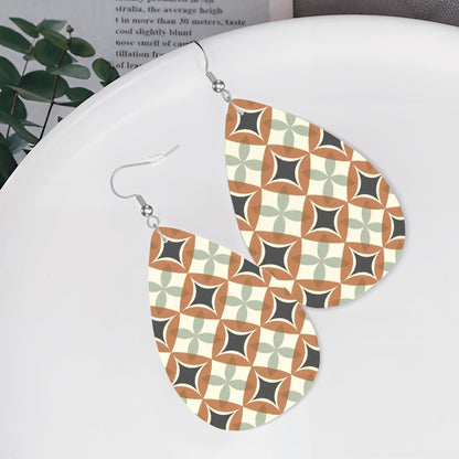 Mid Century Modern Interlocking Geometric, Terracotta Sage Charcoal Vegan Leather Teardrop Earrings - Mid Century Modern Gal