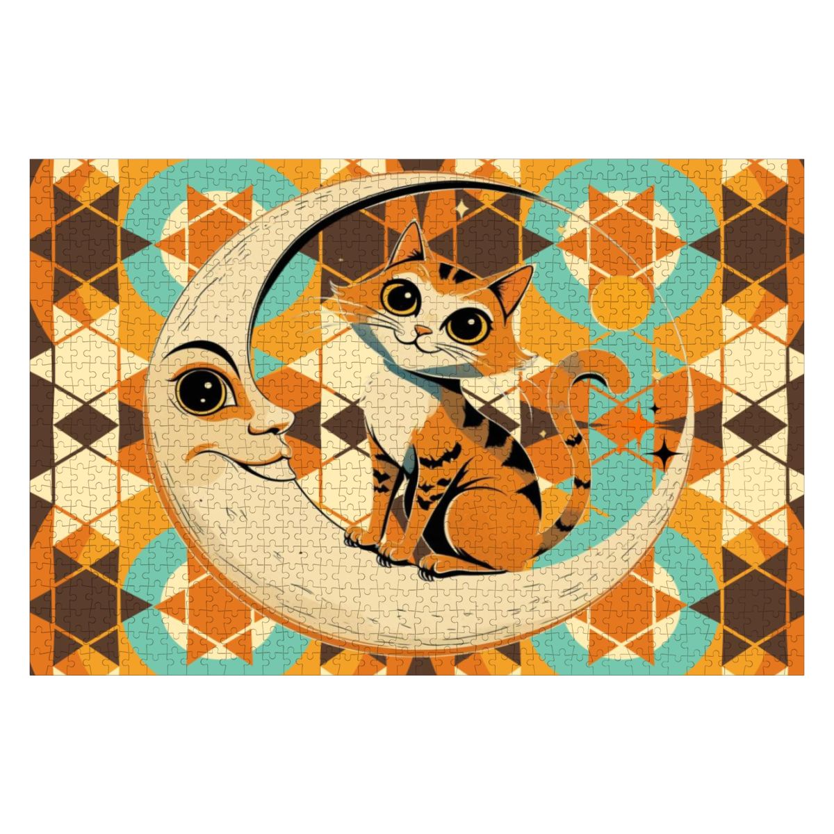 Harvest Half Moon, Kitschy Tabby CatWooden Jigsaw Puzzle - Mid Century Modern Gal