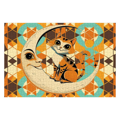 Harvest Half Moon, Kitschy Tabby CatWooden Jigsaw Puzzle - Mid Century Modern Gal
