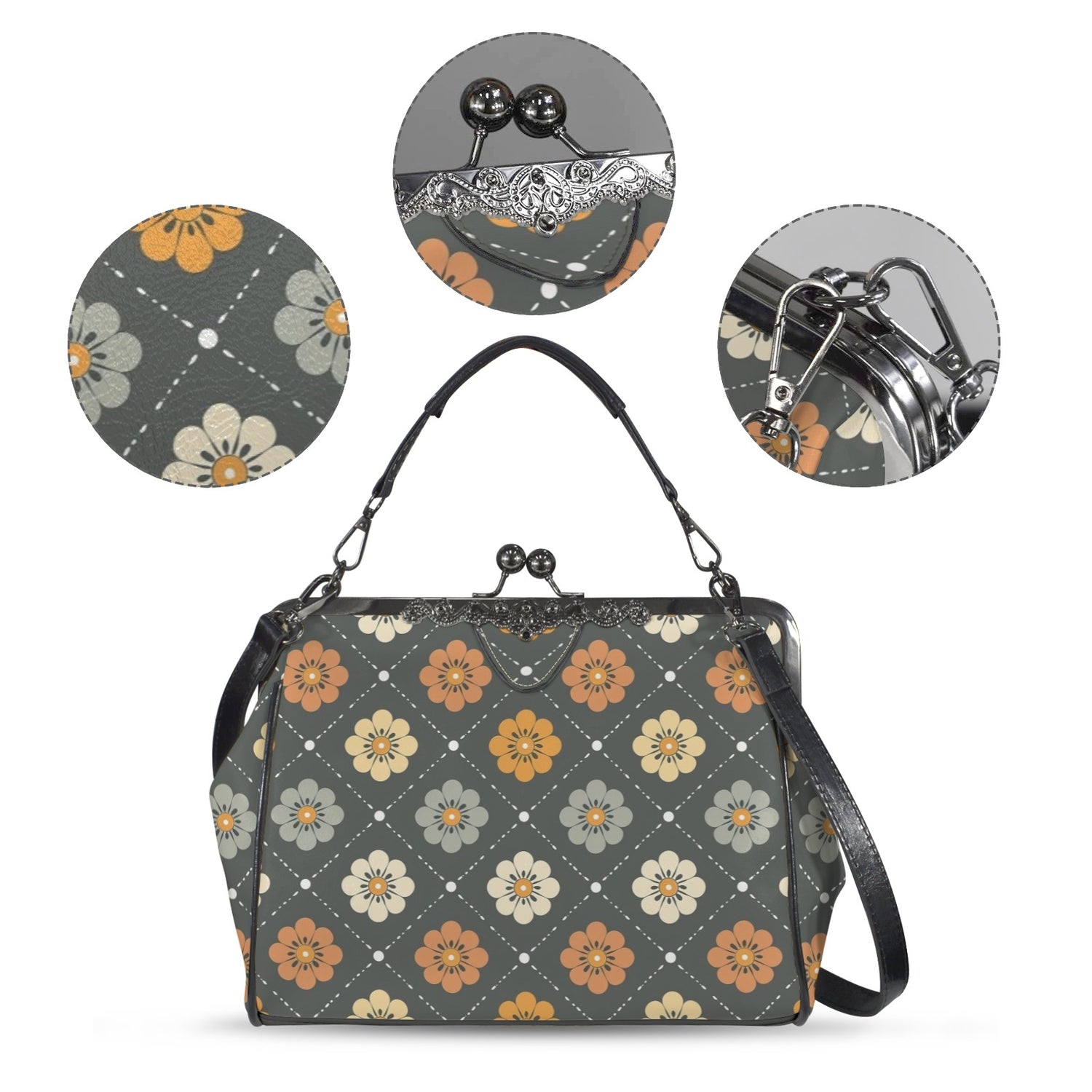 Scandinavian Floral, Mustard Yellow, Gray Mid Century Modern Kisslock Crossbody Purse - Mid Century Modern Gal
