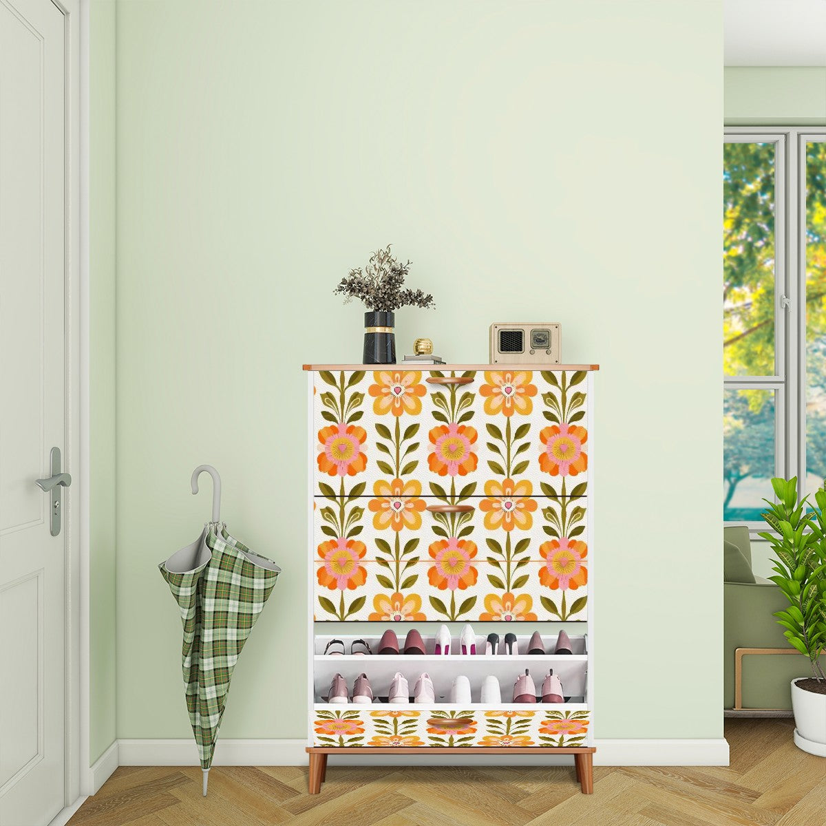 Scandinavian Modern Floral Mid Century Modern Shoe Storage Cabinet - Mid Century Modern Gal