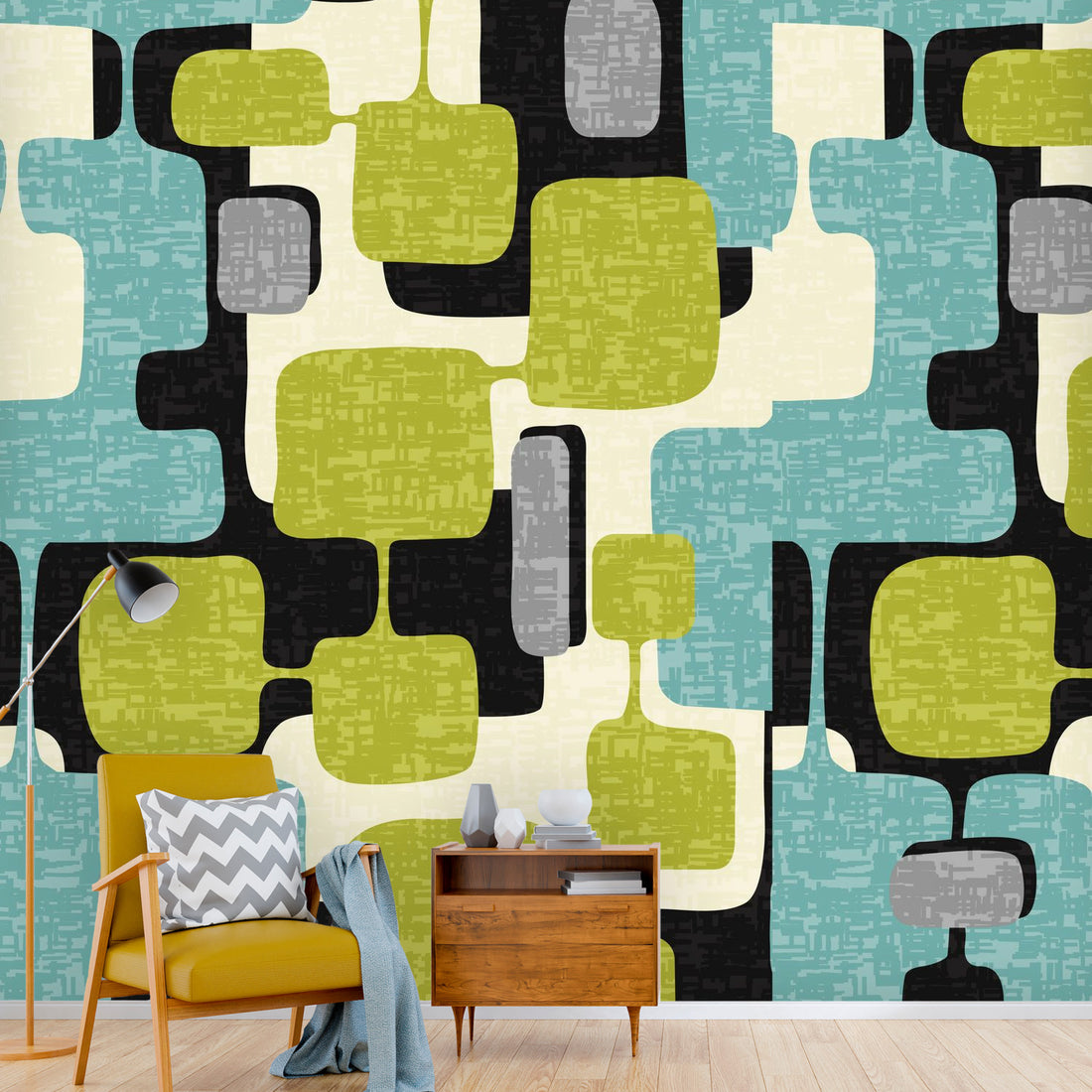 Mid Century Modern Geometric Blocks Mid Mod Green, Blue, Cream Peel And Stick Wall Murals