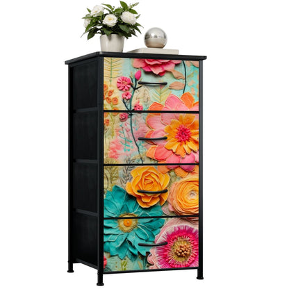 Bohemian Retro Flower, Faux Pressed Floral Mod 4-Drawer Dresser - Mid Century Modern Gal