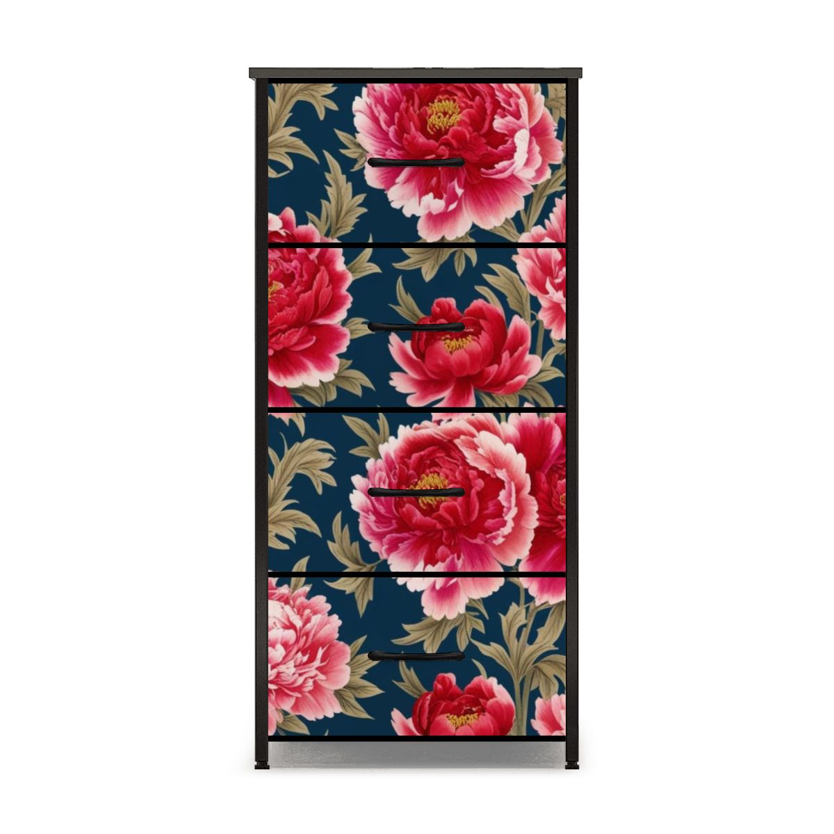 Modern Chinoiserie Royal Blue, Pink Red Floral 4-Drawer Dresser - Mid Century Modern Gal