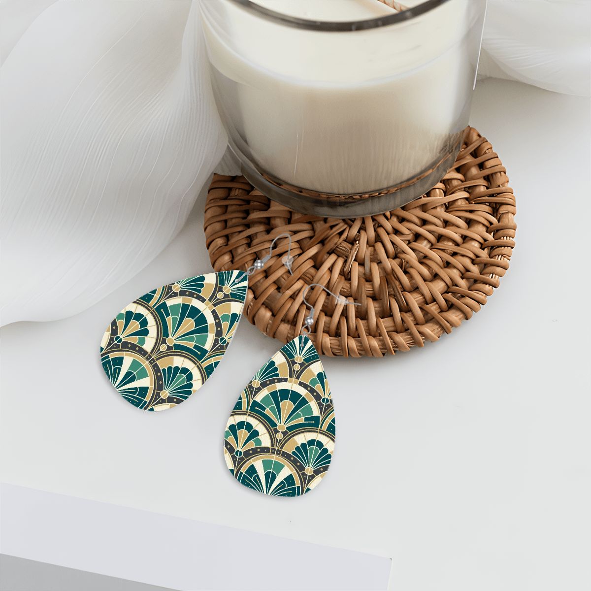 Art Deco Peacock Inspired Vegan Leather Teardrop Earrings - Mid Century Modern Gal
