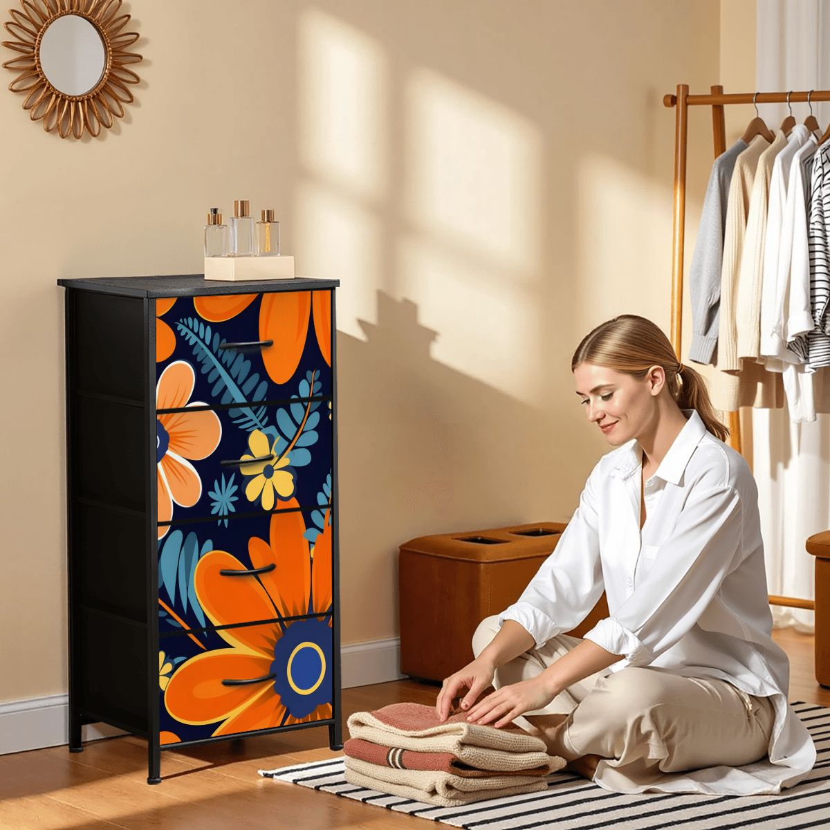 Bohemian Floral Navy Blue, Orange, Retro 4-Drawer Dresser - Mid Century Modern Gal