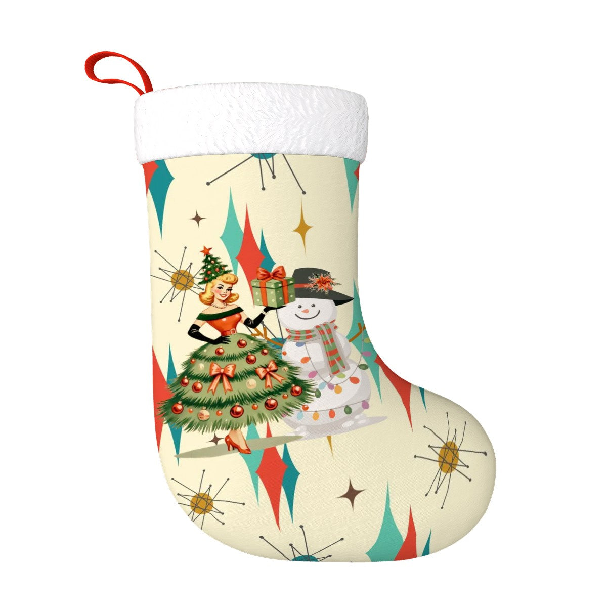 Franciscan Starburst Mid Century Modern Christmas Gal, SnowmanPlush Christmas Stocking - Mid Century Modern Gal