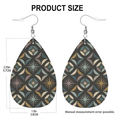 Mid Century Modern Elegant Gray Geometric Starburst  Vegan Leather Teardrop Earrings - Mid Century Modern Gal
