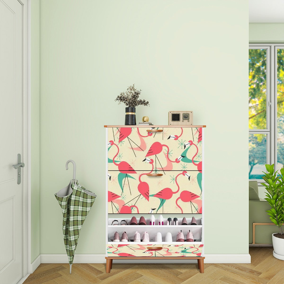 Mid Century Modern Shoe Cabinet Adorned in Kitschy Retro Dance Party Flamingos - Mid Century Modern Gal