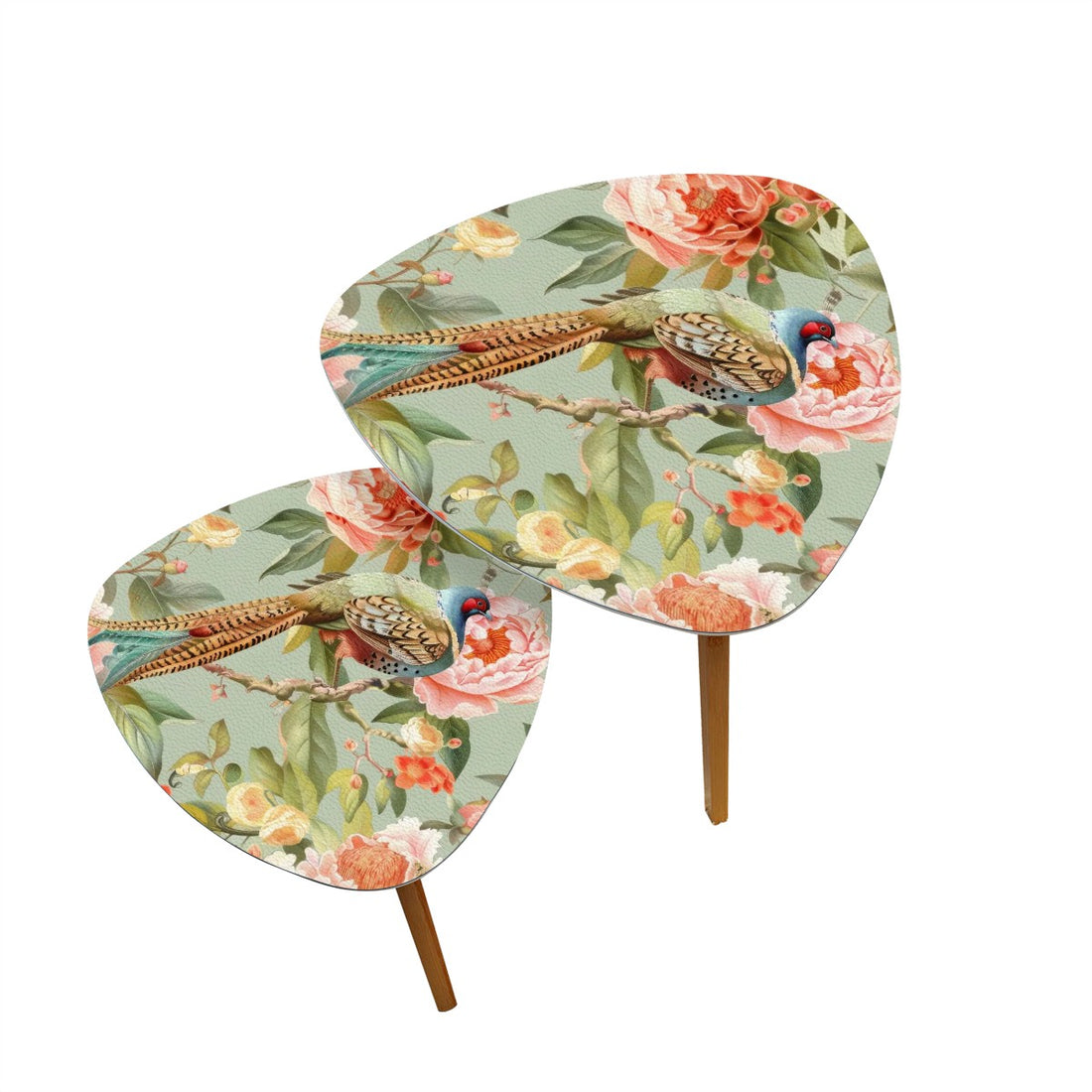 Chinoiserie Pheasant Floral Designed Modern Nesting Tables, Side Tables