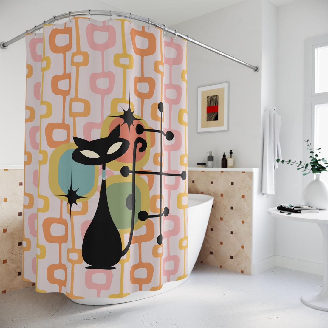 Atomic Cat Pink, Orange, Mid Mod Retro Kitschy 50s Style Shower Curtain - Mid Century Modern Gal