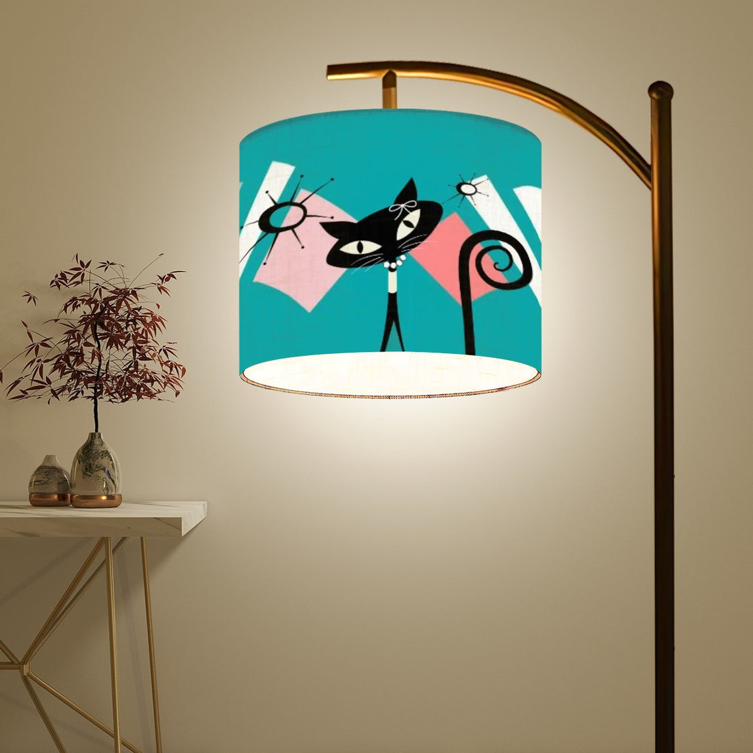 Mid Century Modern Atomic Cat,Arc Floor Lamp In Coral Aqua Kitsch Design