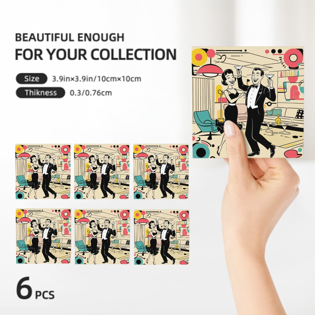 Mid Century Modern Kitschy Mod Couple Retro Barware Square Ceramic Coasters Set of 6 - Mid Century Modern Gal