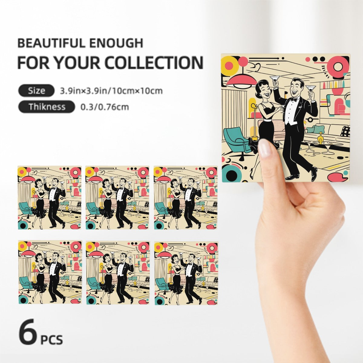 Mid Century Modern Kitschy Mod Couple Retro Barware Square Ceramic Coasters Set of 6 - Mid Century Modern Gal